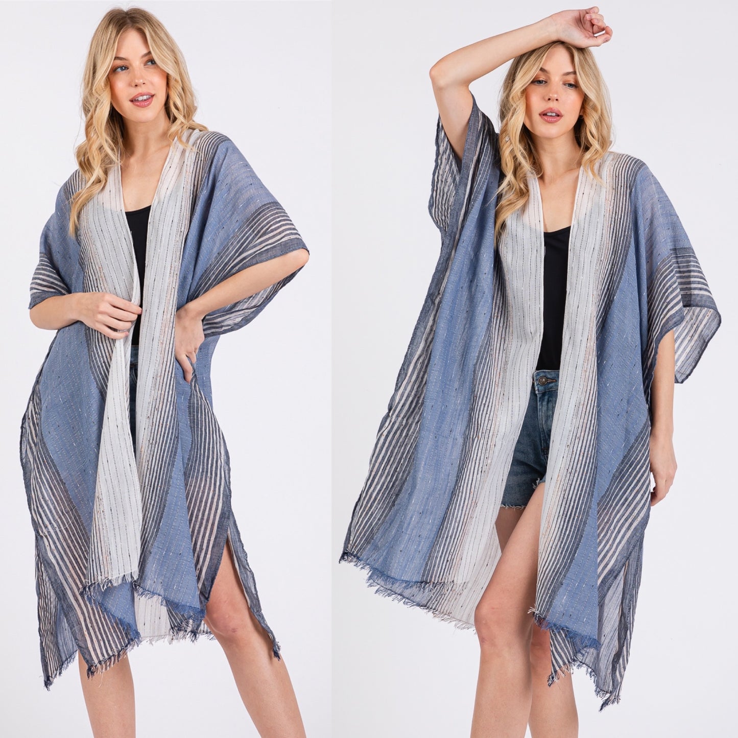 Striped Two Tone Cover up Open Kimono Shawl
