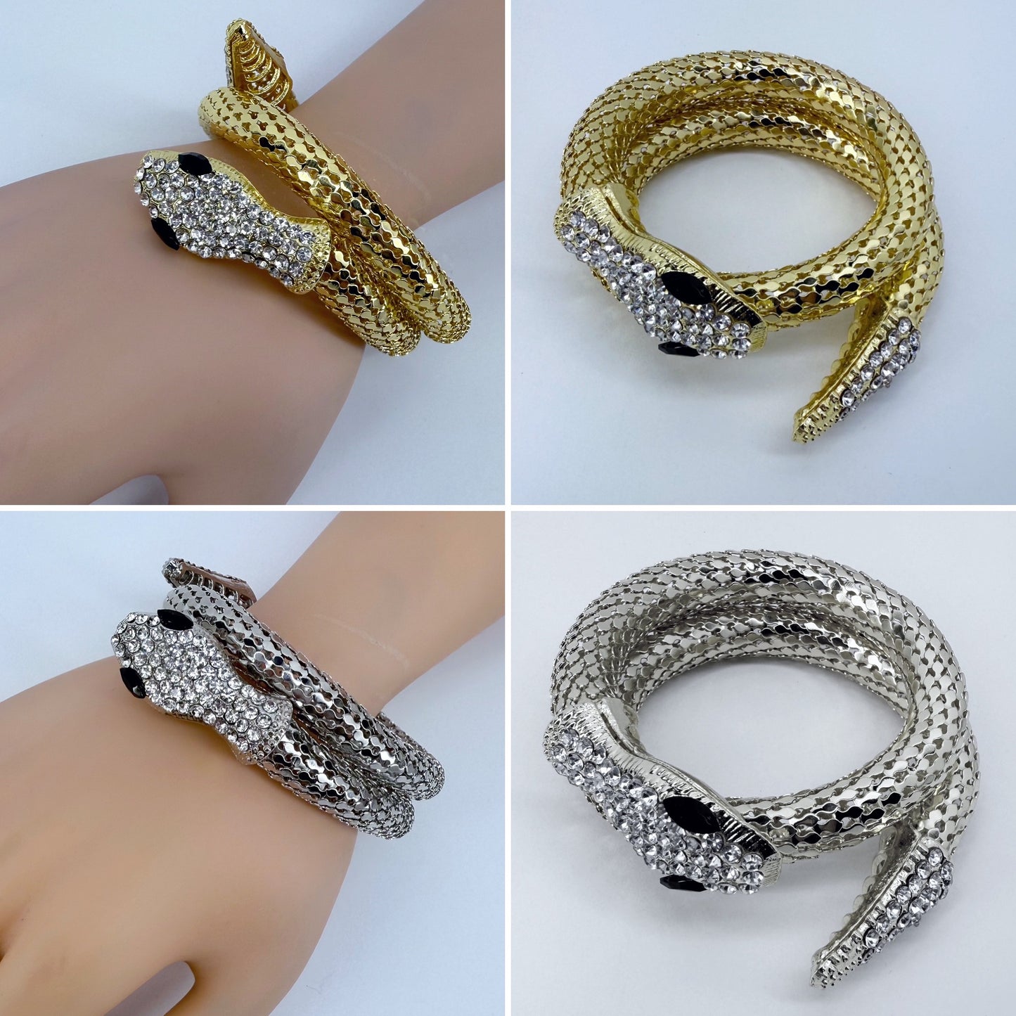 Wrap Around Snake Design Bracelet Gold Or Silver Finish With Rhinestone