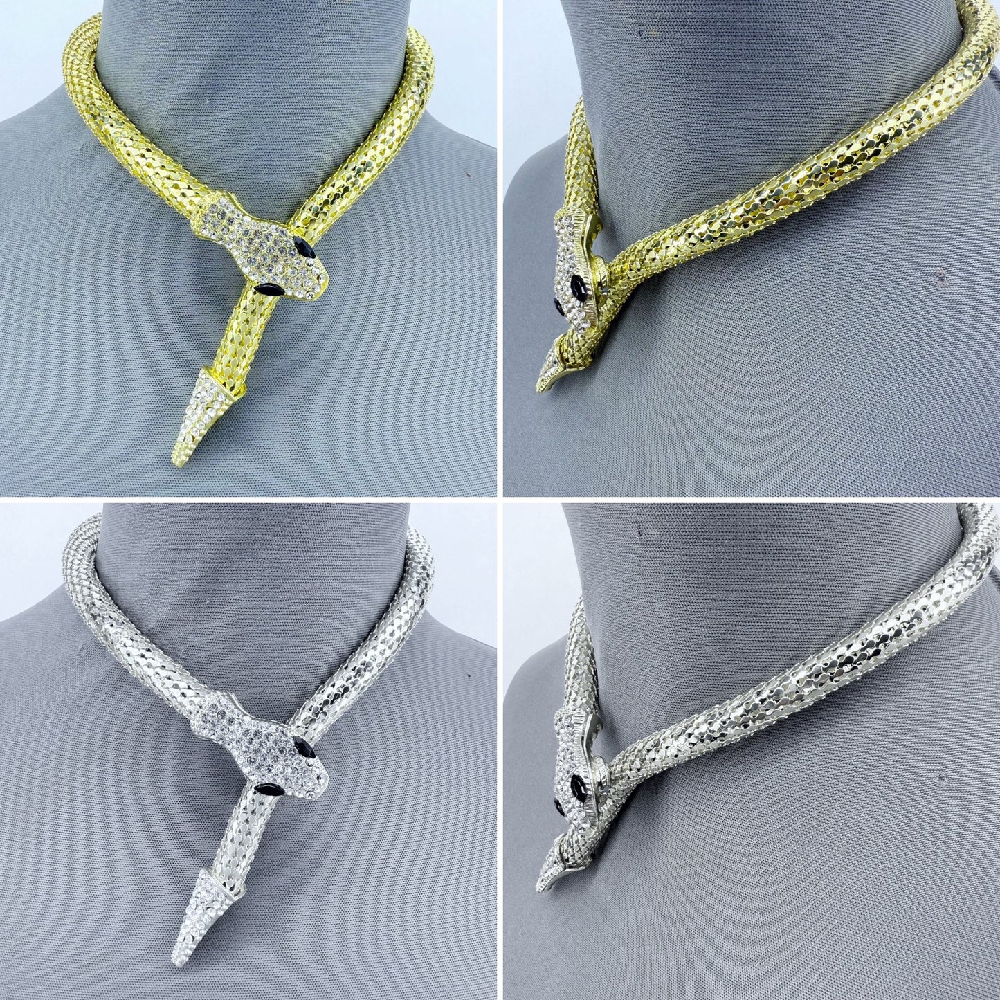 Gold Or Silver Finish Snake Design Magnetic Closure Necklace With Rhinestone