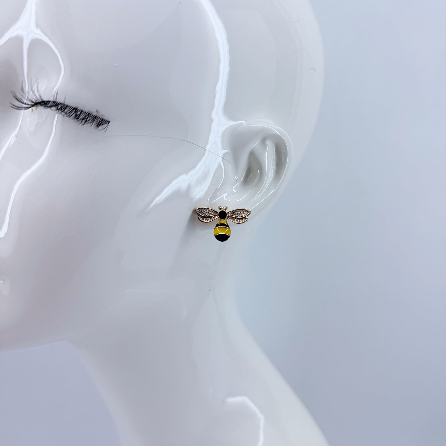 Gold Finish Bee Design Post Back Stud Earrings with Clear Rhinestones