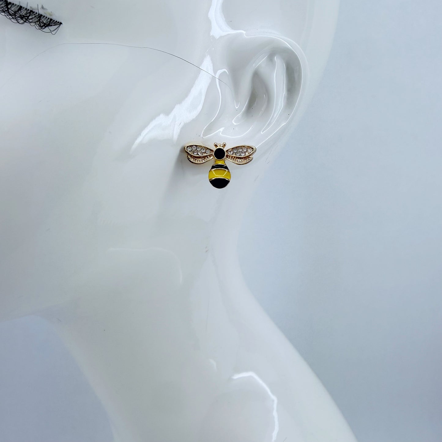 Gold Finish Bee Design Post Back Stud Earrings with Clear Rhinestones
