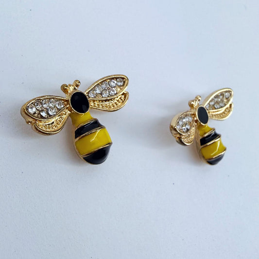 Gold Finish Bee Design Post Back Stud Earrings with Clear Rhinestones
