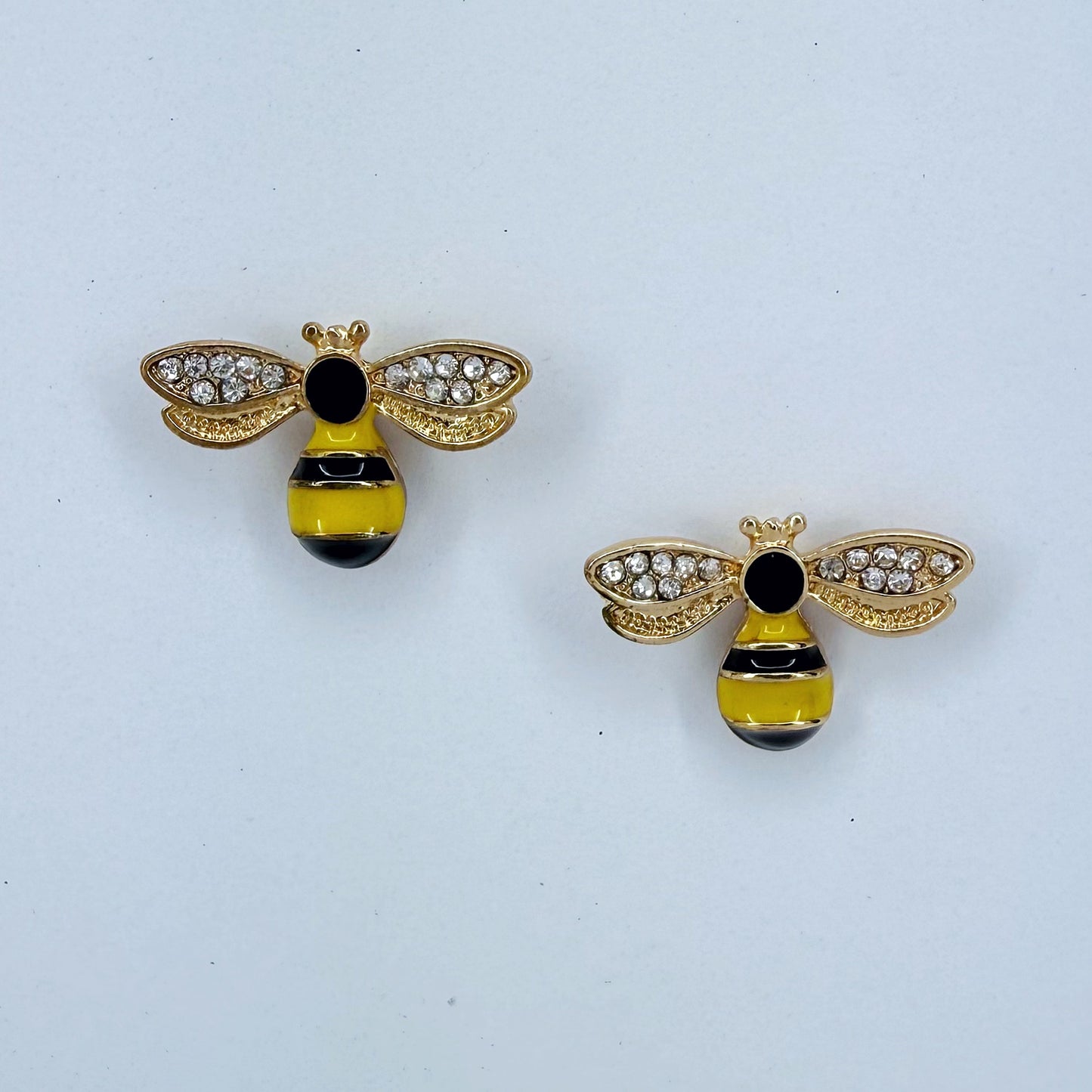 Gold Finish Bee Design Post Back Stud Earrings with Clear Rhinestones