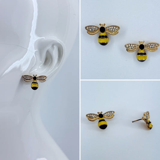 Gold Finish Bee Design Post Back Stud Earrings with Clear Rhinestones