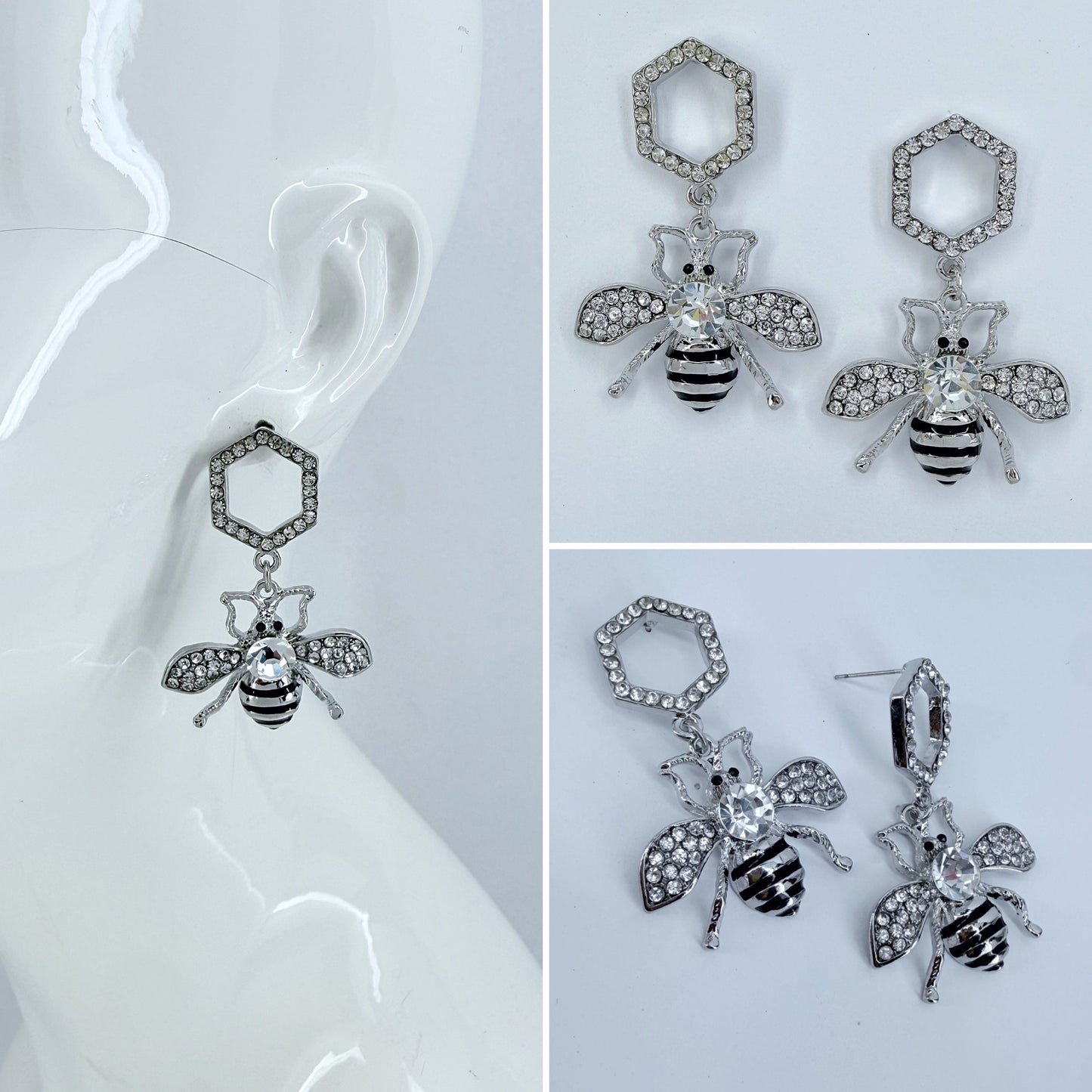 Drop Dangle Hexagon with Bee Earrings