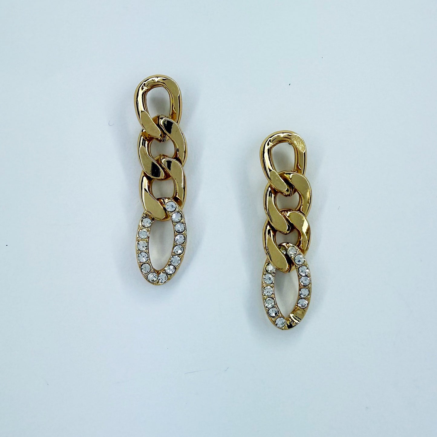 Gold Finish Cuban Link Post Back Earring With Clear Rhinestones