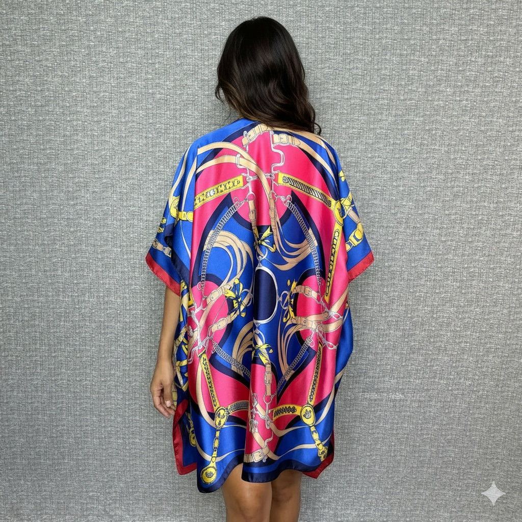 Blue and Fuchsia Chain Design Cover up Kimono