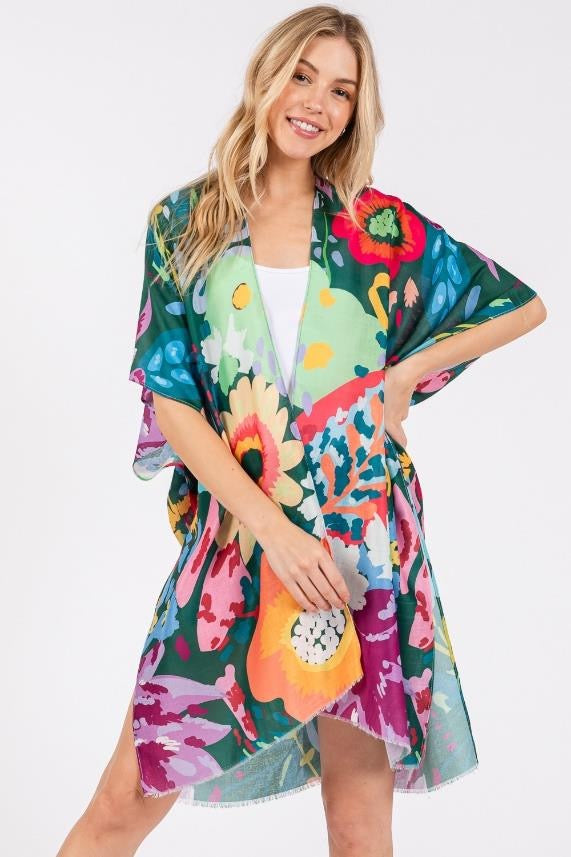 Multicolor Flower Print Open Kimono Shawl