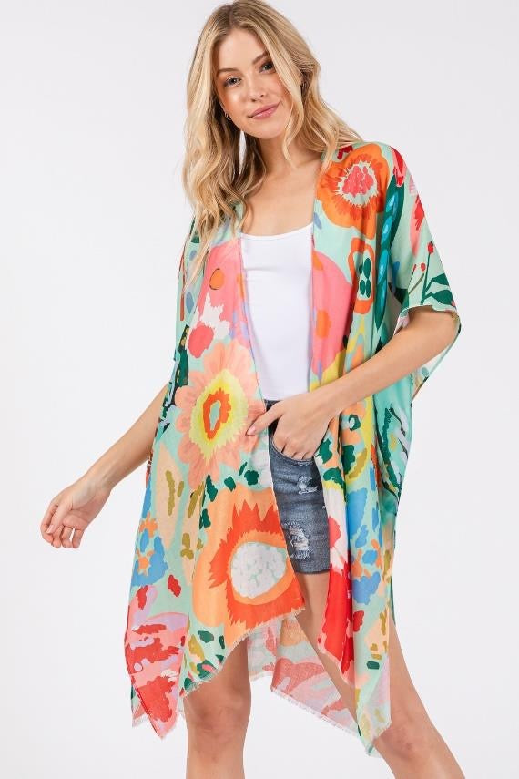 Multicolor Flower Print Open Kimono Shawl