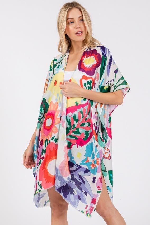 Multicolor Flower Print Open Kimono Shawl