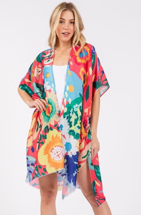 Multicolor Flower Print Open Kimono Shawl