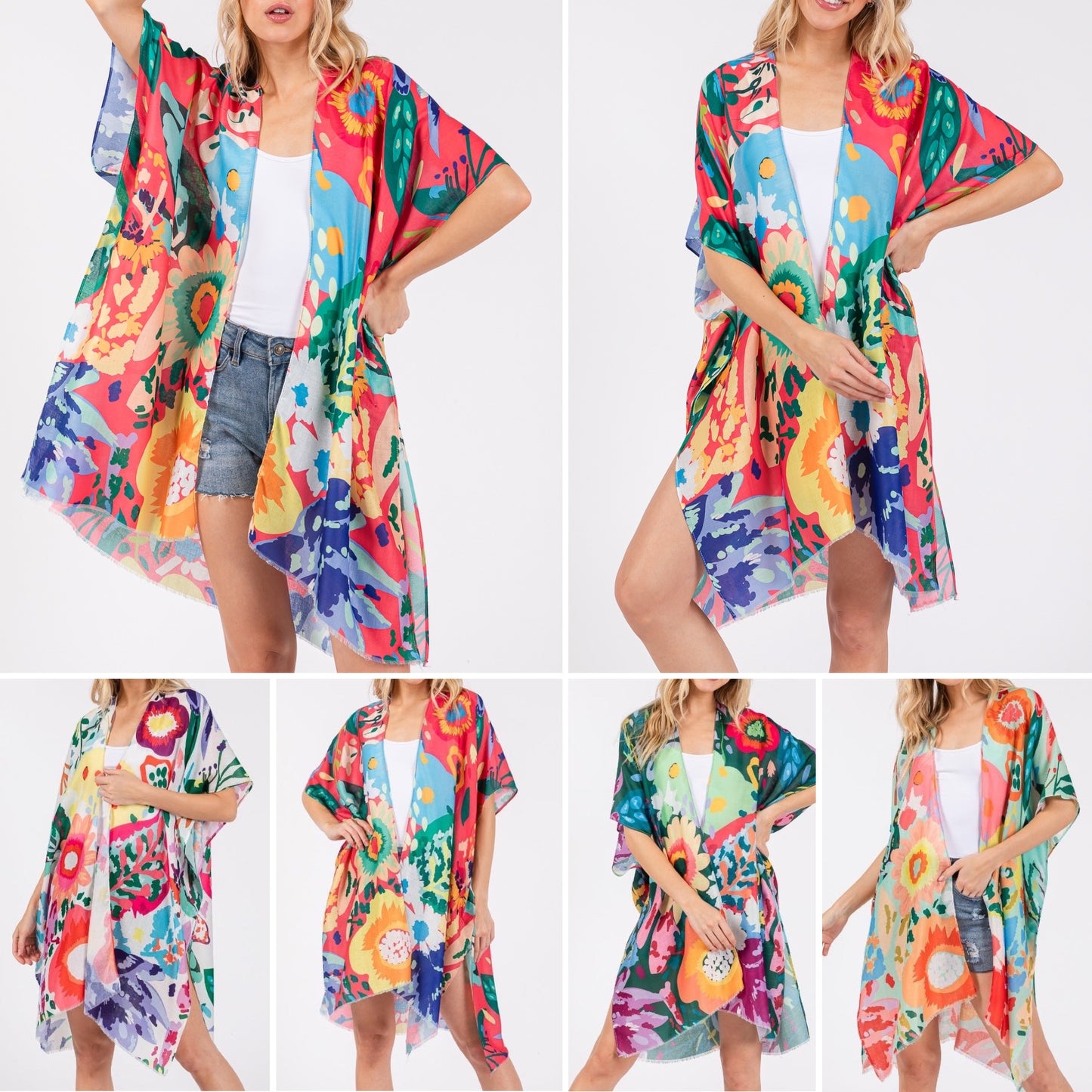Multicolor Flower Print Open Kimono Shawl
