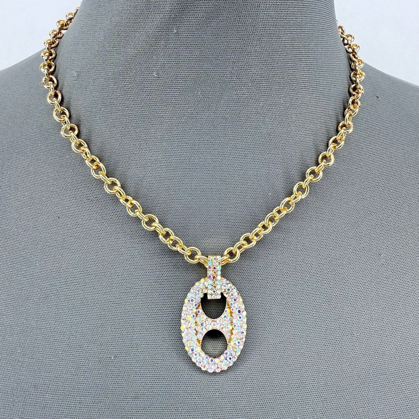 Gold Finish Ring Chain Necklace With Rhinestone Pendant