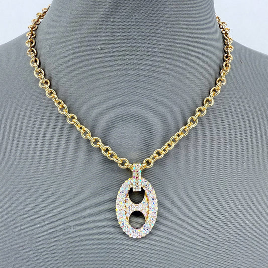 Gold Finish Ring Chain Necklace With Rhinestone Pendant
