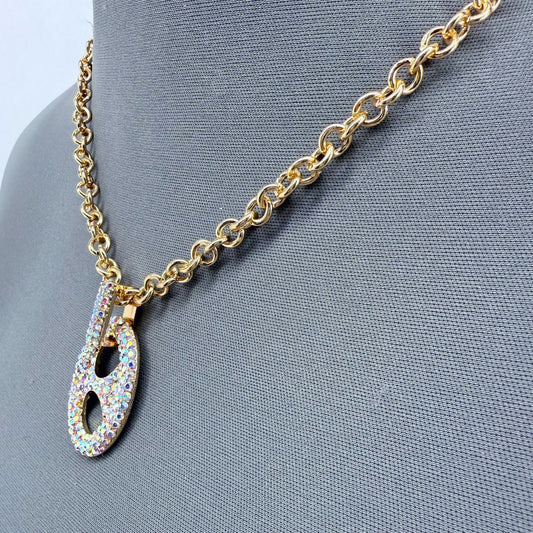 Gold Finish Ring Chain Necklace With Rhinestone Pendant
