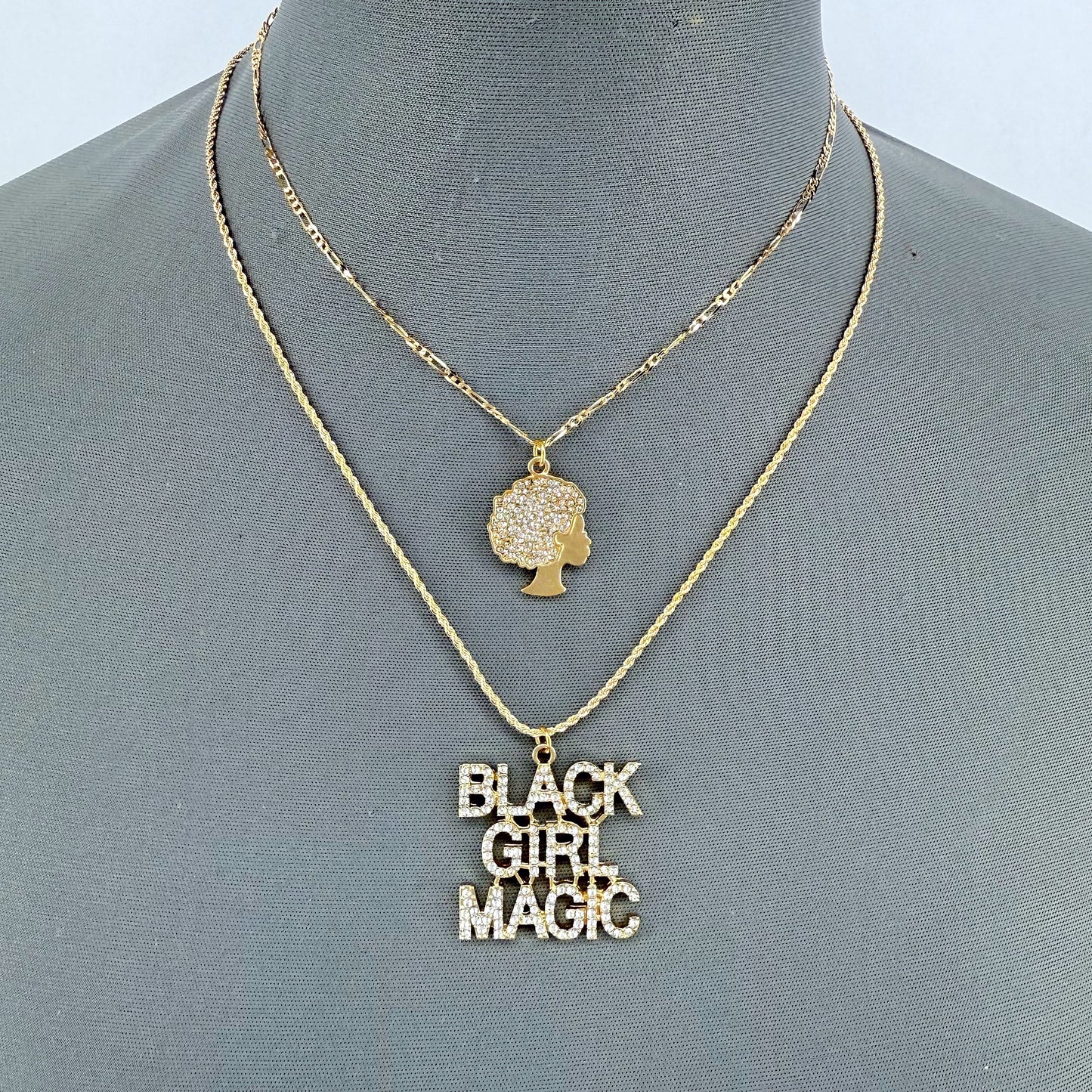 Gold or Silver Finish Set of 2 Necklaces with Black Girl Magic Pendant