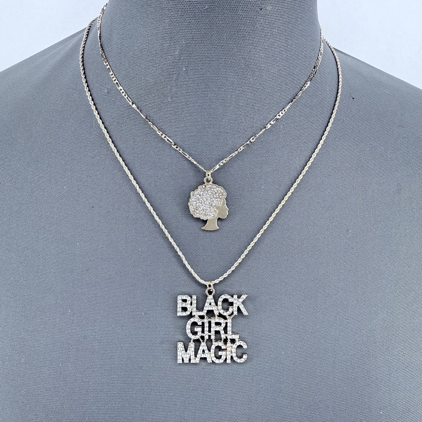 Gold or Silver Finish Set of 2 Necklaces with Black Girl Magic Pendant