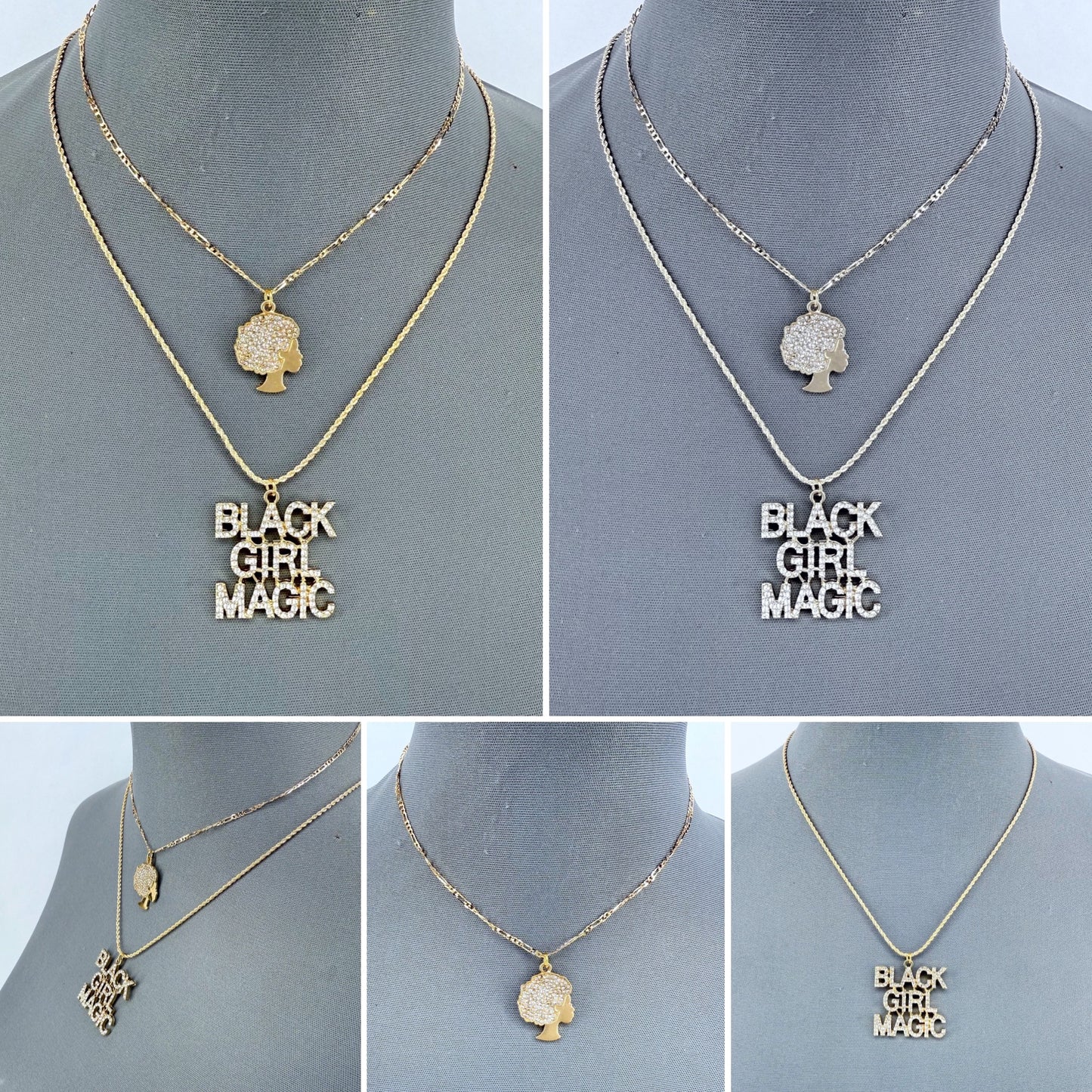 Gold or Silver Finish Set of 2 Necklaces with Black Girl Magic Pendant