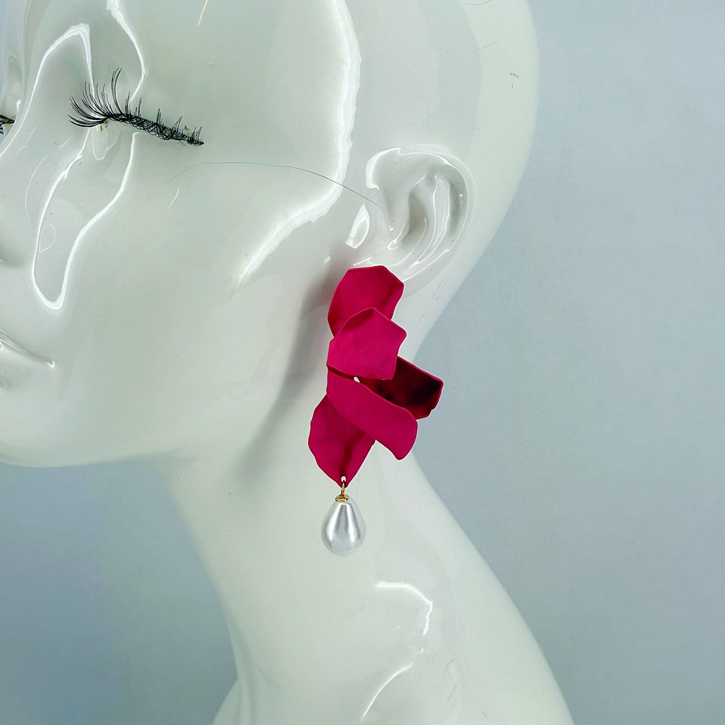 Metal Folded Flower Post Back Earrings With Pearl Dangle