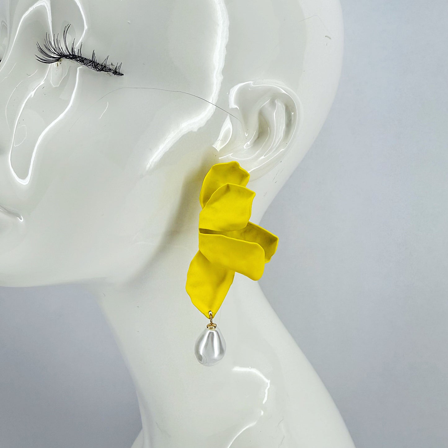 Metal Folded Flower Post Back Earrings With Pearl Dangle