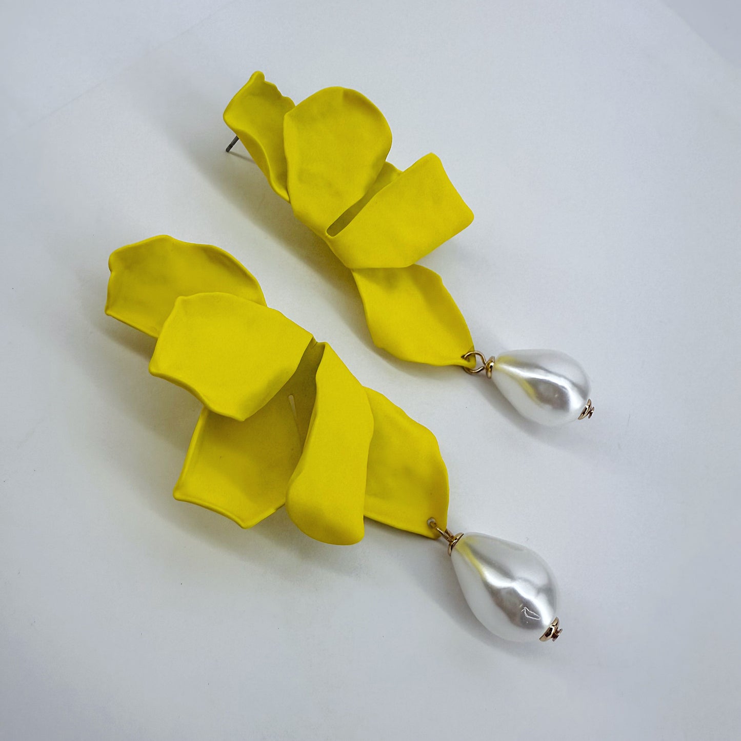 Metal Folded Flower Post Back Earrings With Pearl Dangle