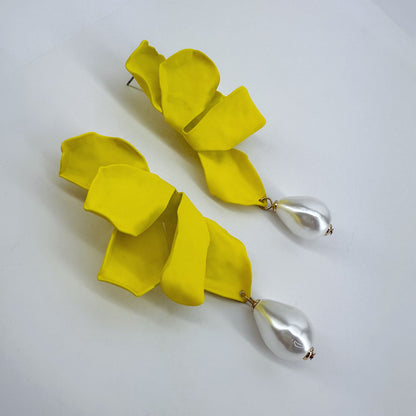 Metal Folded Flower Post Back Earrings With Pearl Dangle