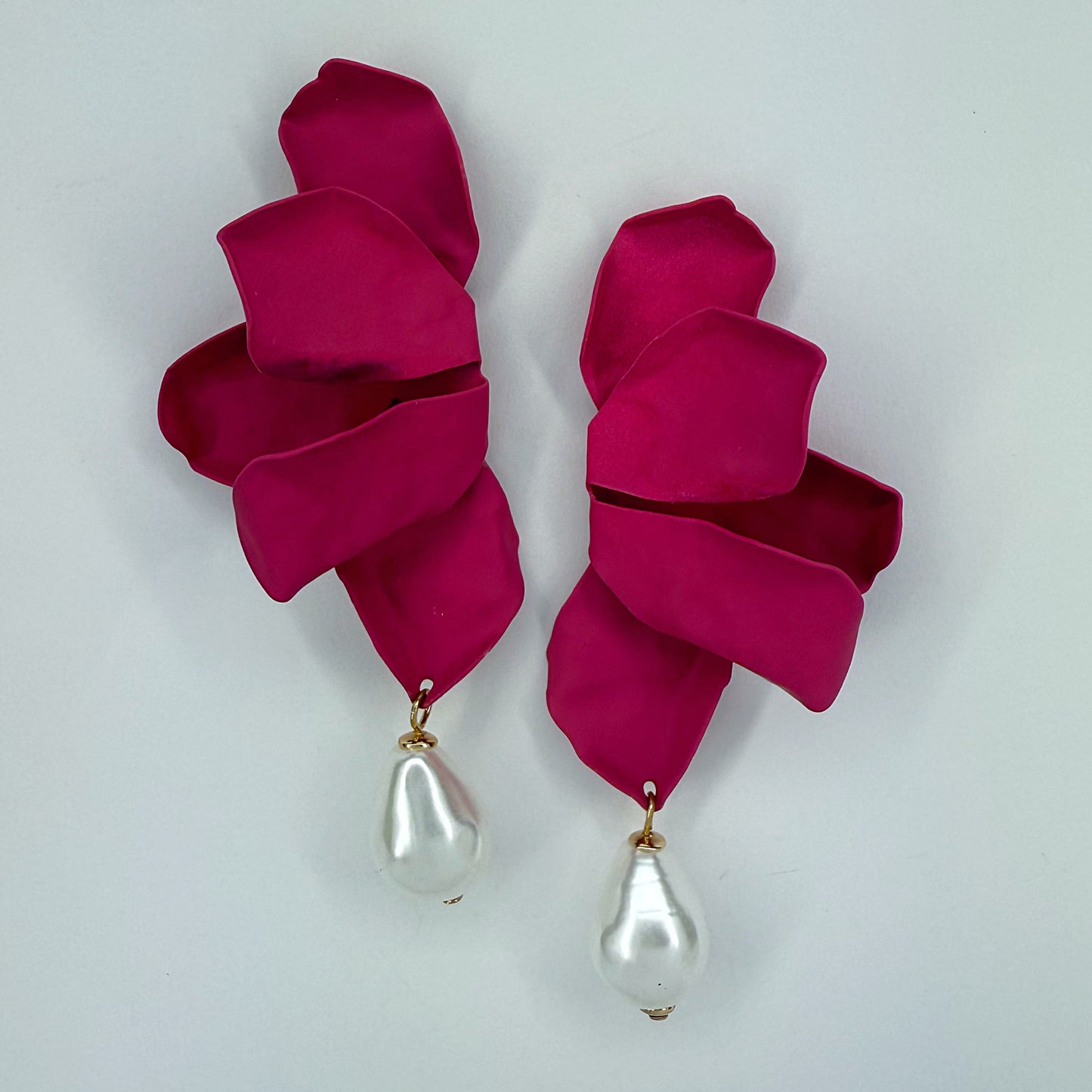 Metal Folded Flower Post Back Earrings With Pearl Dangle