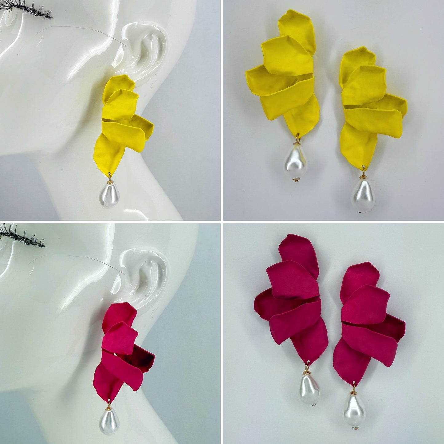 Metal Folded Flower Post Back Earrings With Pearl Dangle