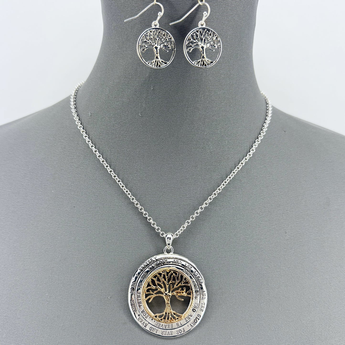 Silver Finish Chain Tree of Life Necklace Set with Message Two Tone Pendant
