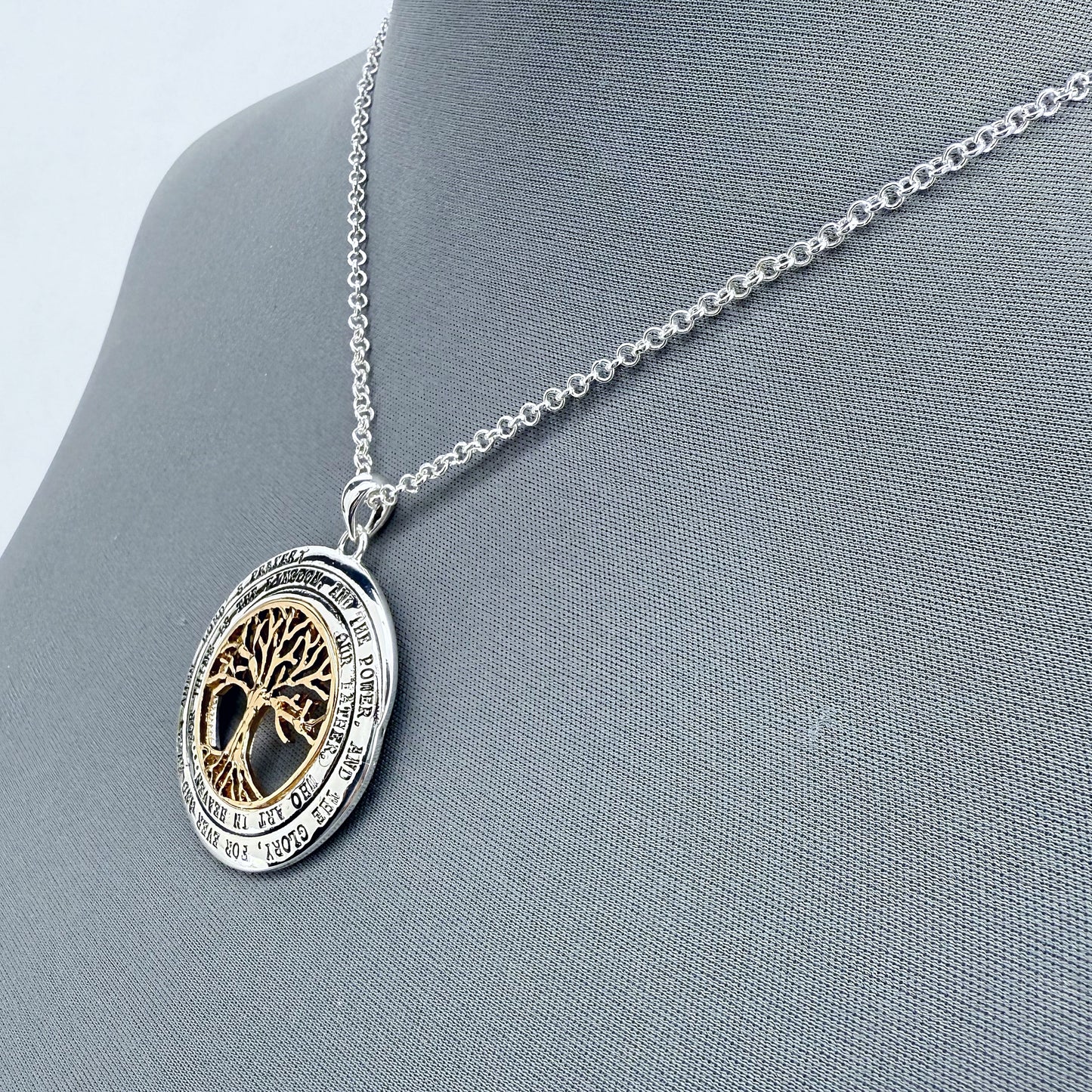 Silver Finish Chain Tree of Life Necklace Set with Message Two Tone Pendant