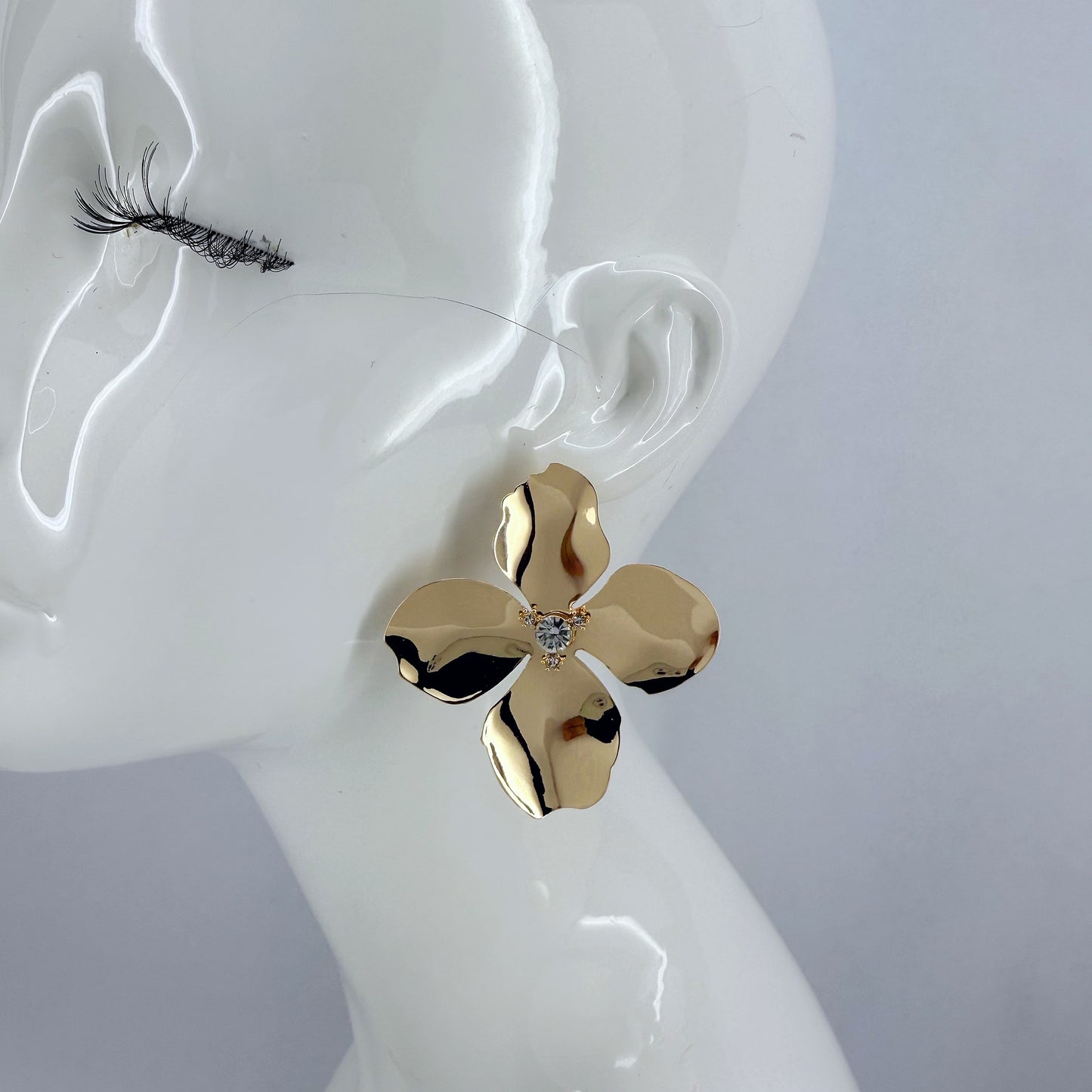 Metal Petals Flower with Rhinestone Post Back Earrings