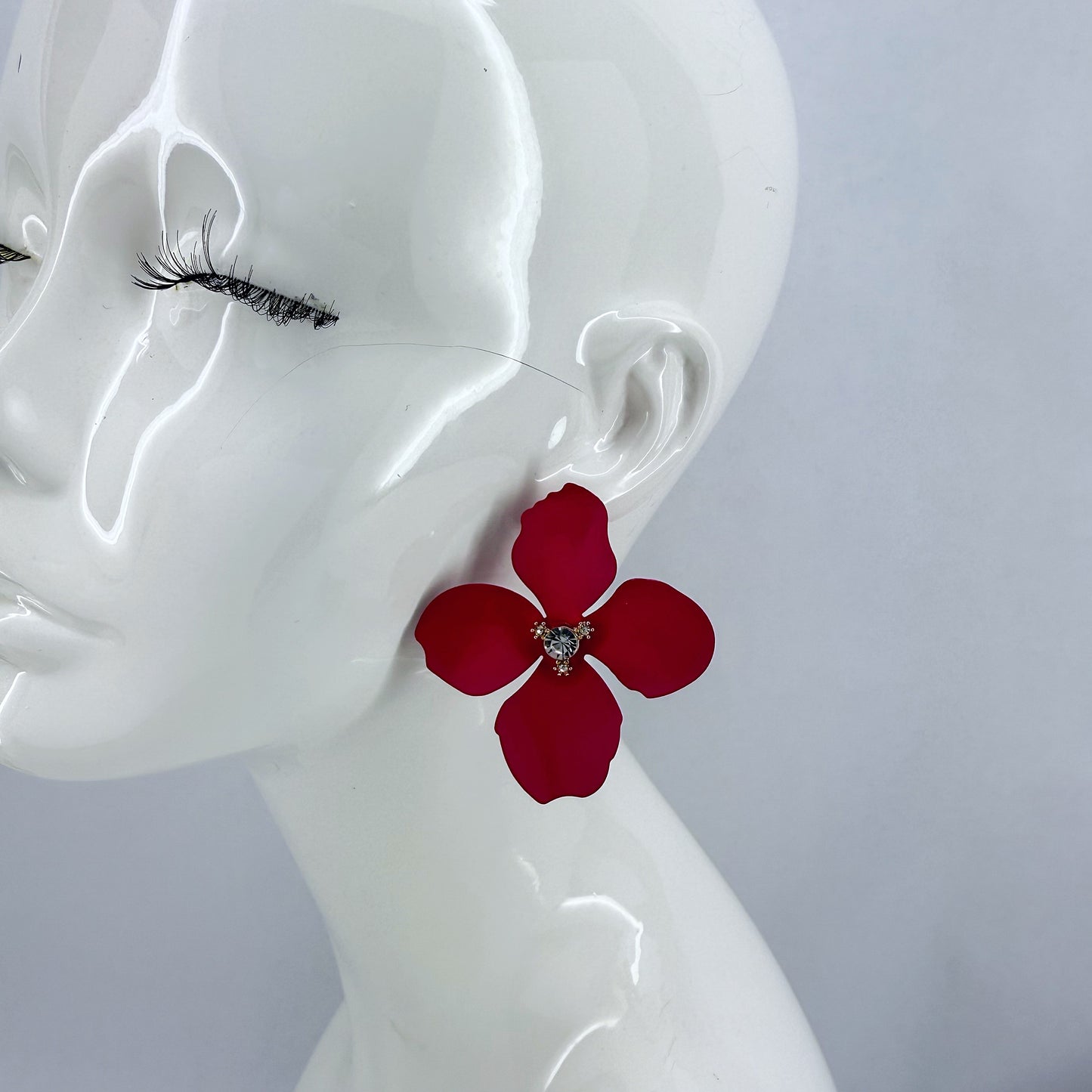 Metal Petals Flower with Rhinestone Post Back Earrings