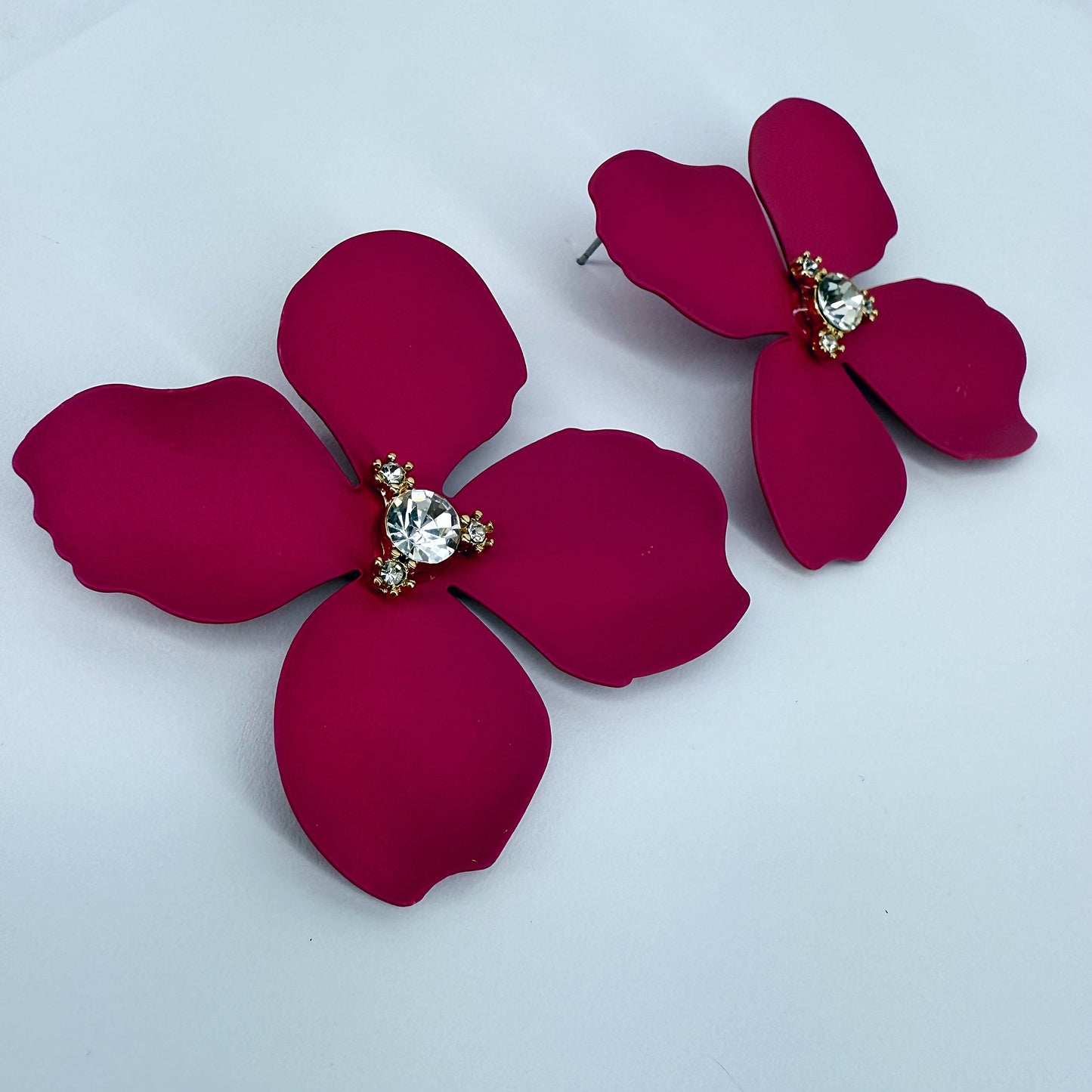 Metal Petals Flower with Rhinestone Post Back Earrings
