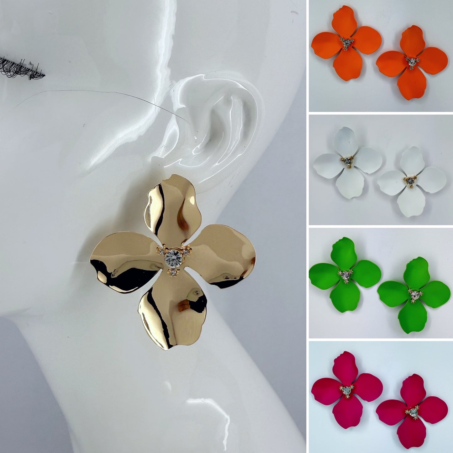 Metal Petals Flower with Rhinestone Post Back Earrings