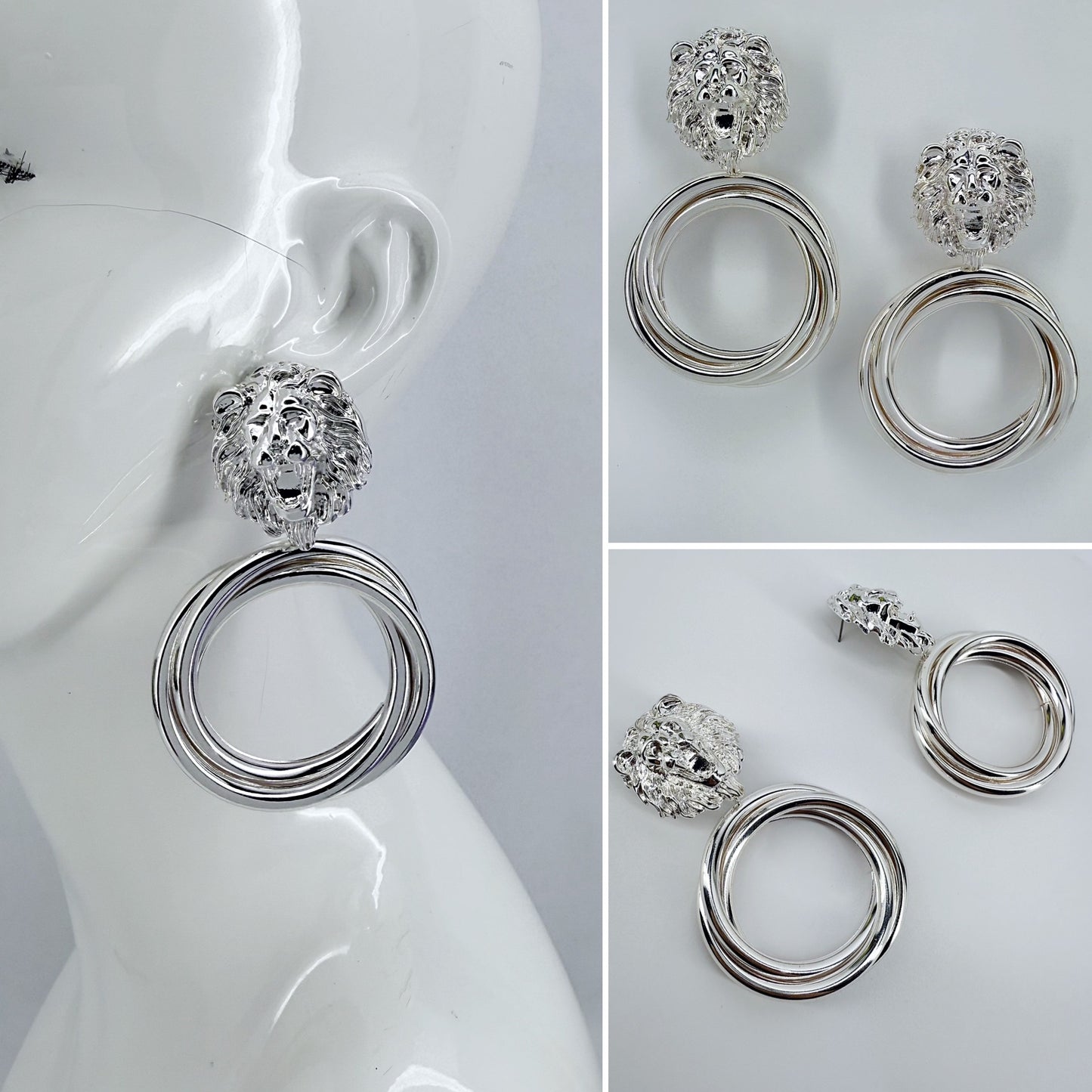 Metal Post Back Silver Finish Lion Head Earrings With Triple Rings Dangle