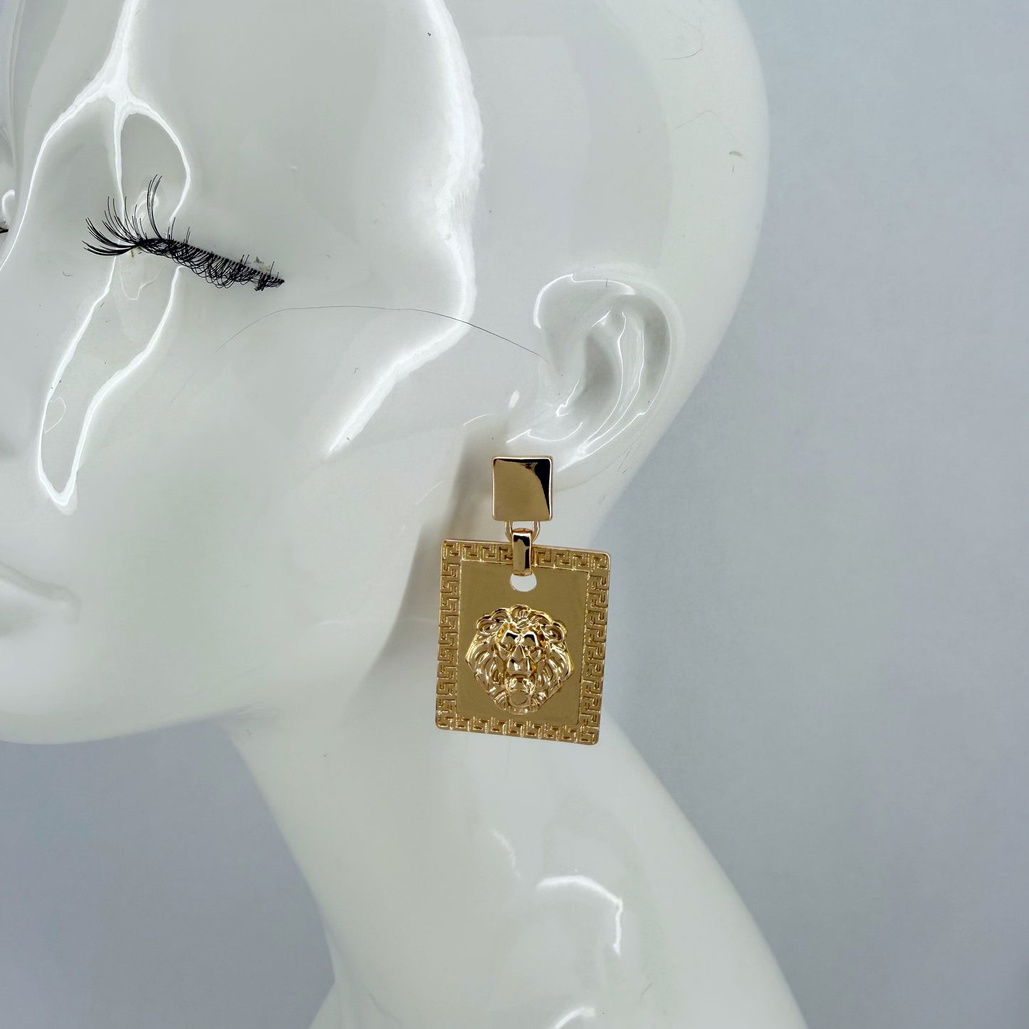 Square Post Back Gold Earrings With Square Dangle And Lion Head
