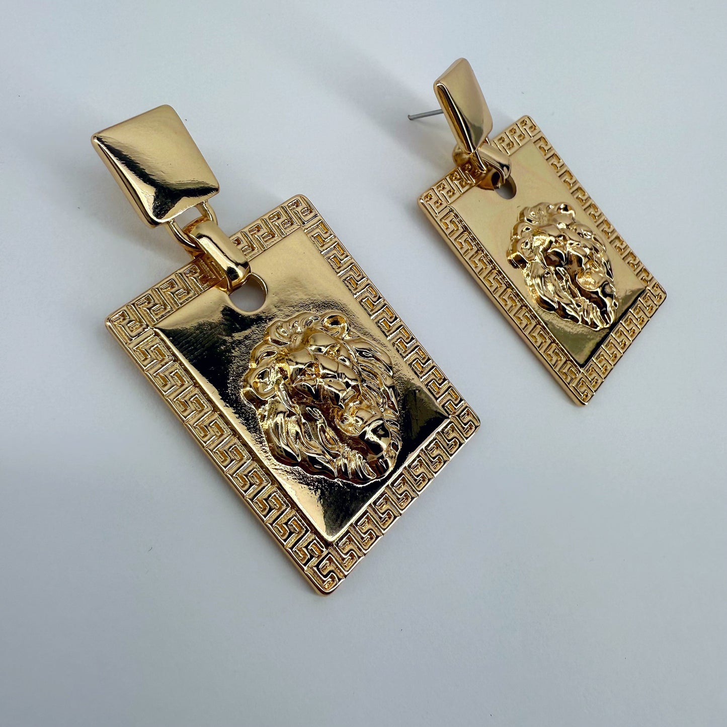 Square Post Back Gold Earrings With Square Dangle And Lion Head