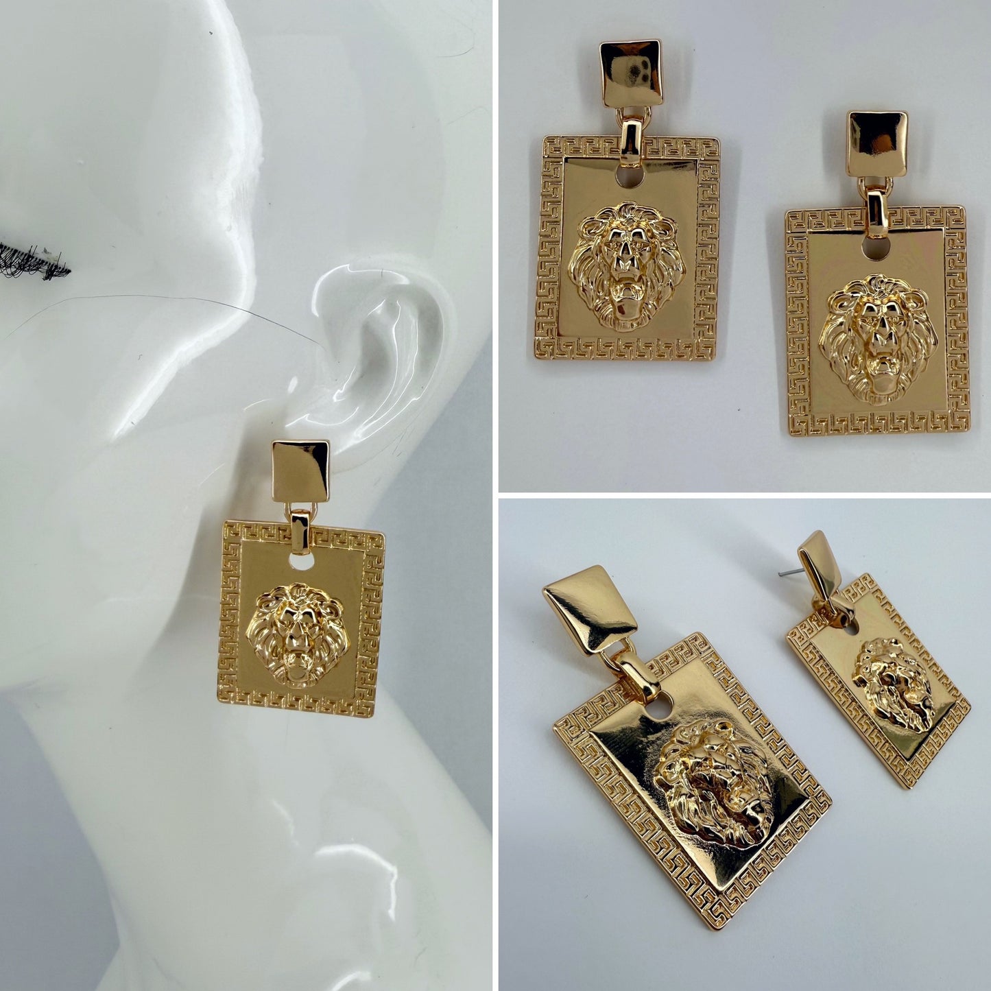 Square Post Back Gold Earrings With Square Dangle And Lion Head