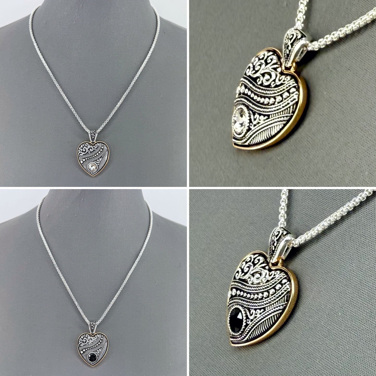 Silver Finish Chain with Two Tone Heart Shape Glass Stone Filigree Pendant