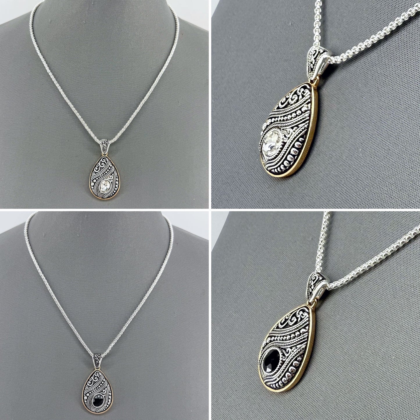Silver Finish Chain with 2 Tone Teardrop Shape Glass Stone Filigree Pendant