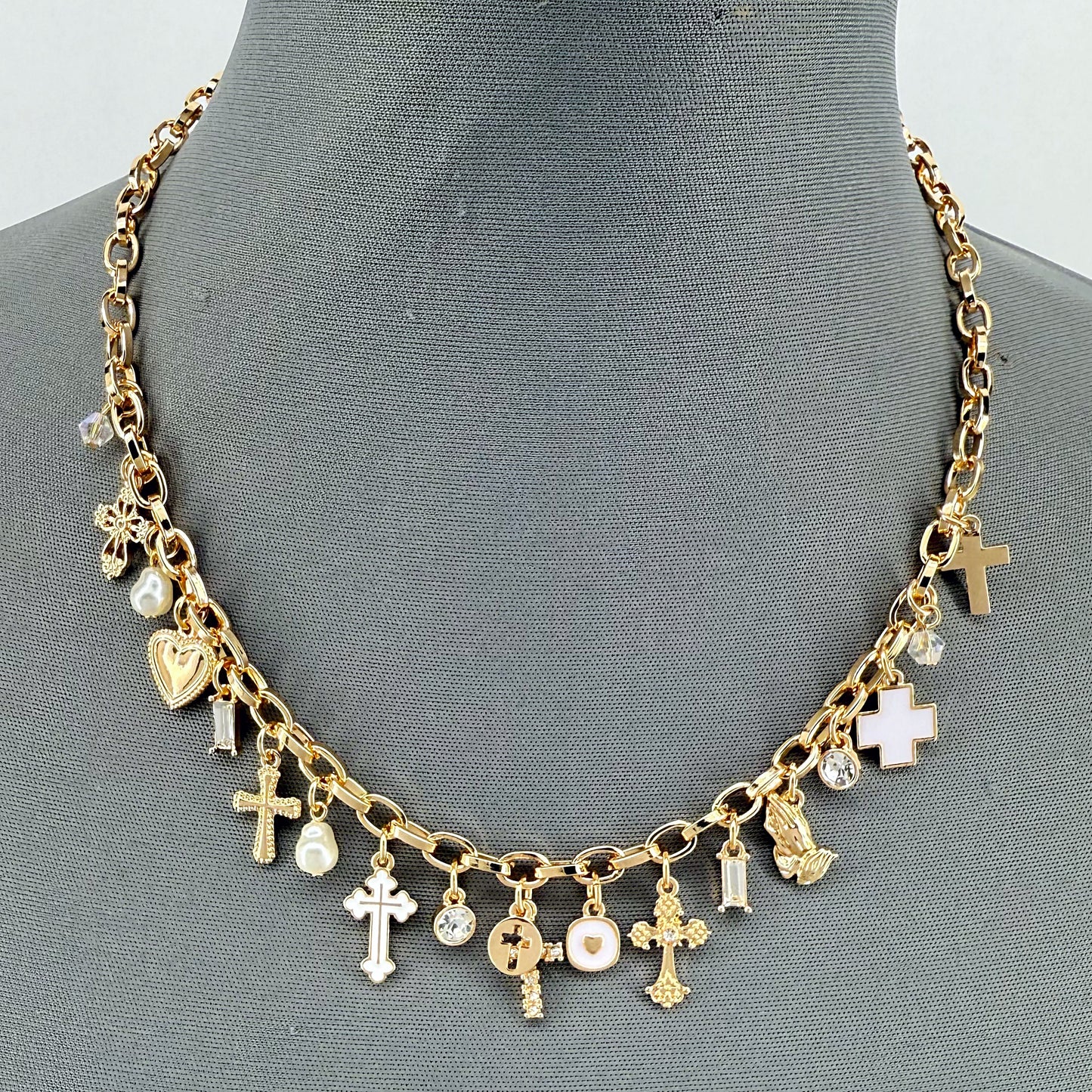 Chain Necklace Cross, Hearts Charms