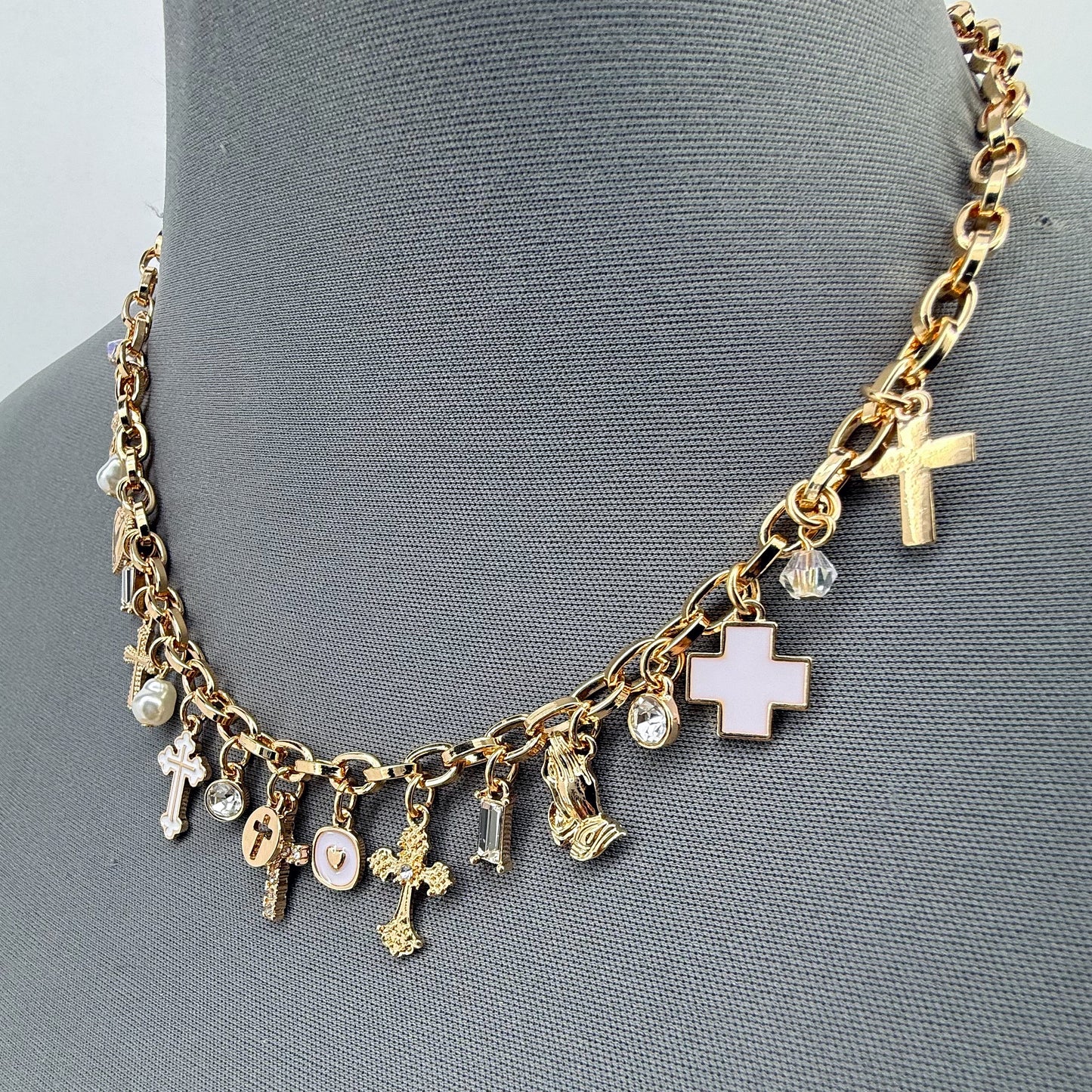 Chain Necklace Cross, Hearts Charms