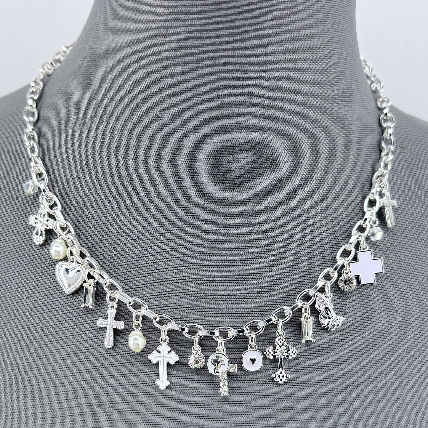 Chain Necklace Cross, Hearts Charms