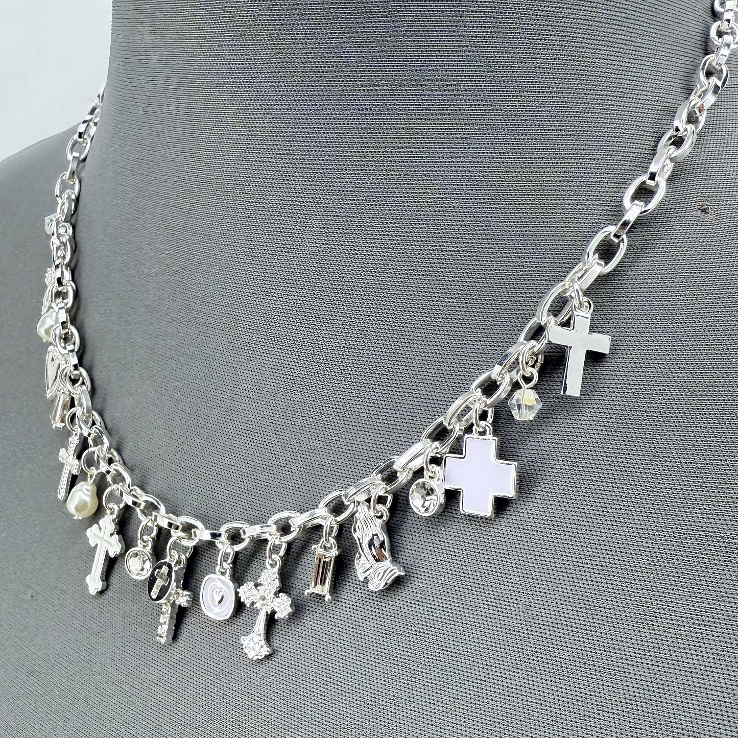 Chain Necklace Cross, Hearts Charms