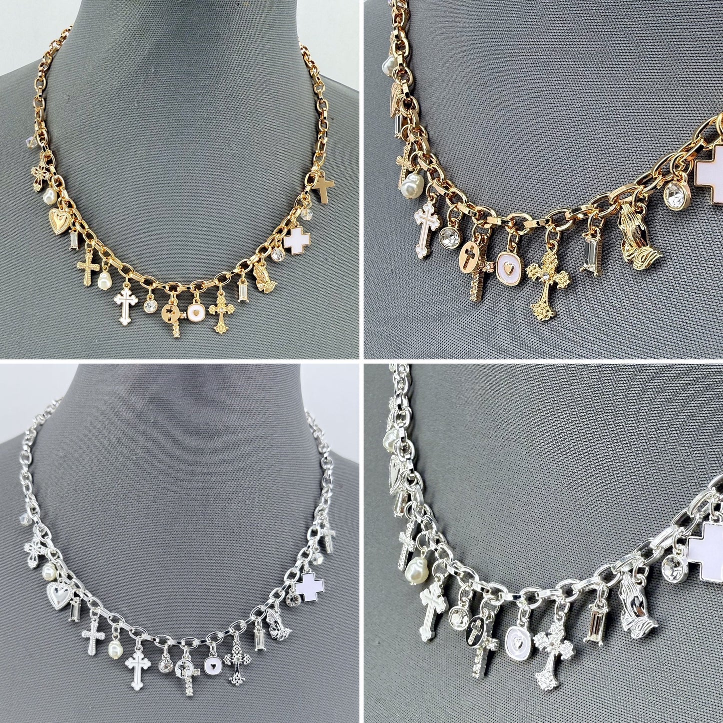 Chain Necklace Cross, Hearts Charms