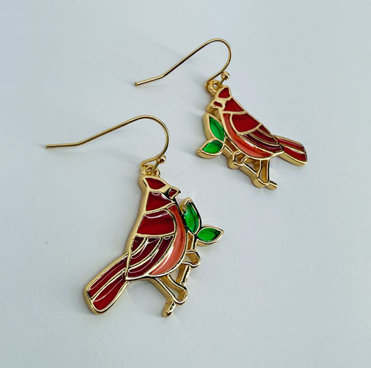 Gold finish Clear Epoxy Red Cardinal Bird Earrings