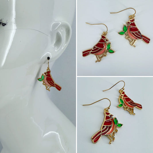 Gold finish Clear Epoxy Red Cardinal Bird Earrings
