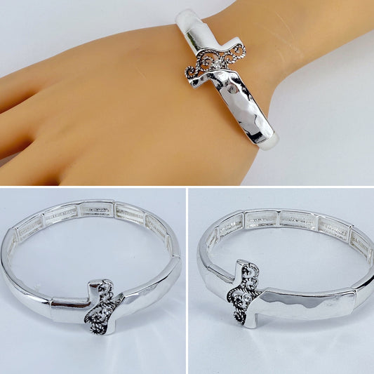Silver Finish Stretchable Cross Design Bracelet