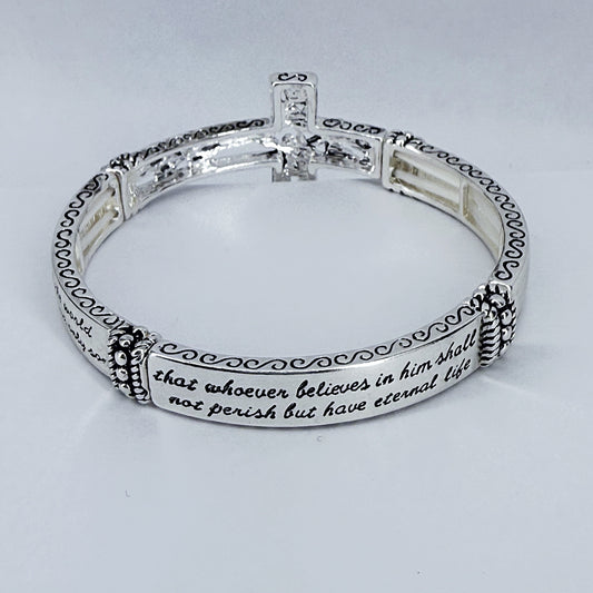 Silver Finish Stretchable Bracelet With Bible Verse 3:16 And Cross Tree Of Life Design
