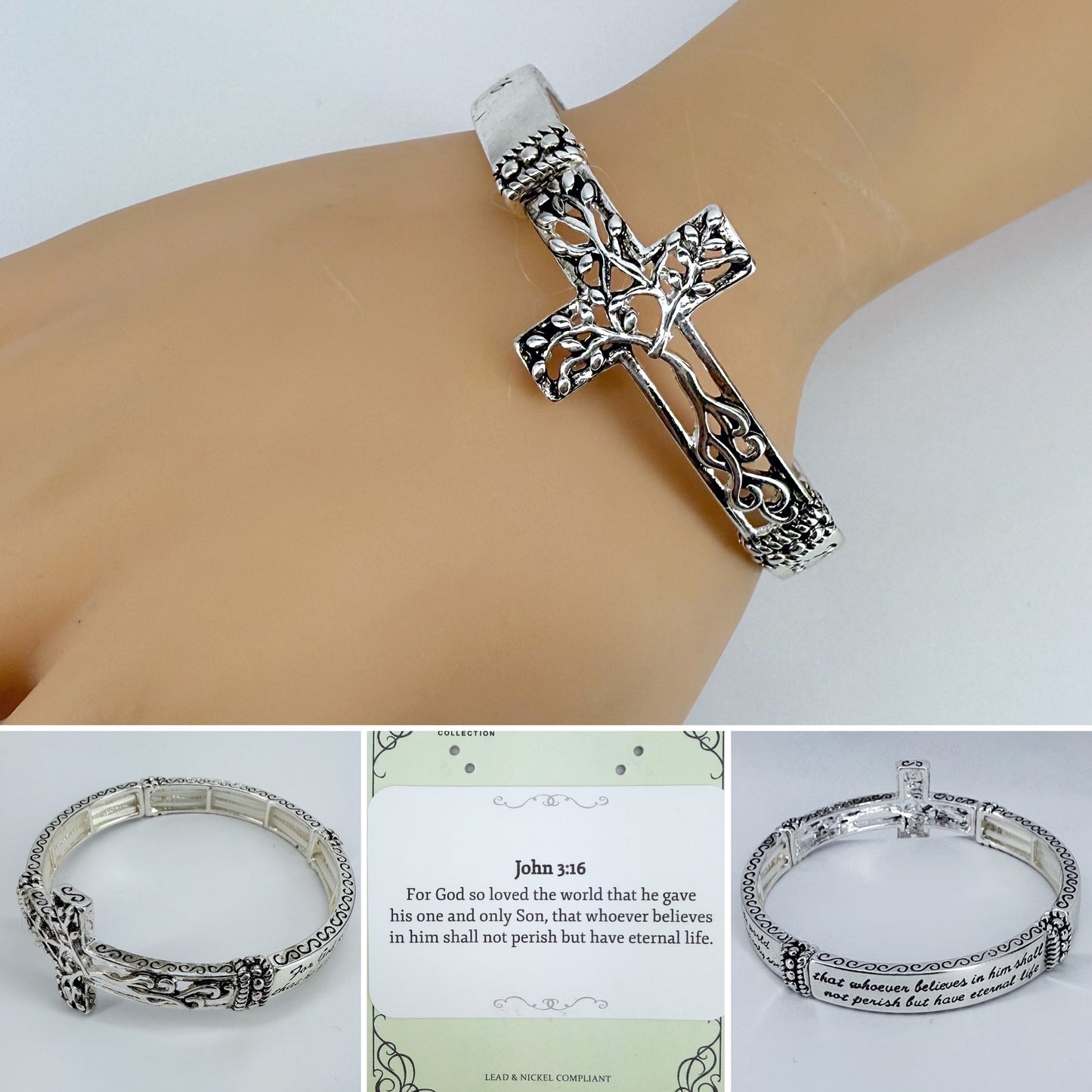 Silver Finish Stretchable Bracelet With Bible Verse 3:16 And Cross Tree Of Life Design
